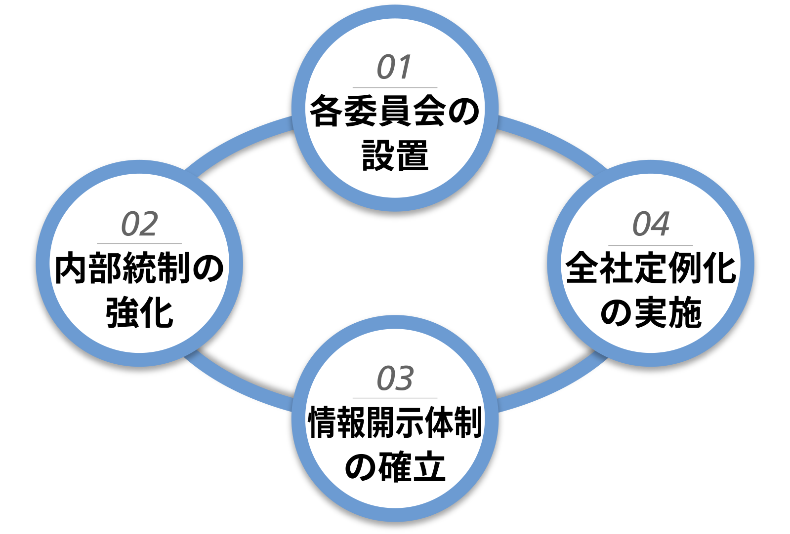 01 各委員会の設置、02 内部統制の強化、03 情報開示体制の確立、04 全社定例化の実施